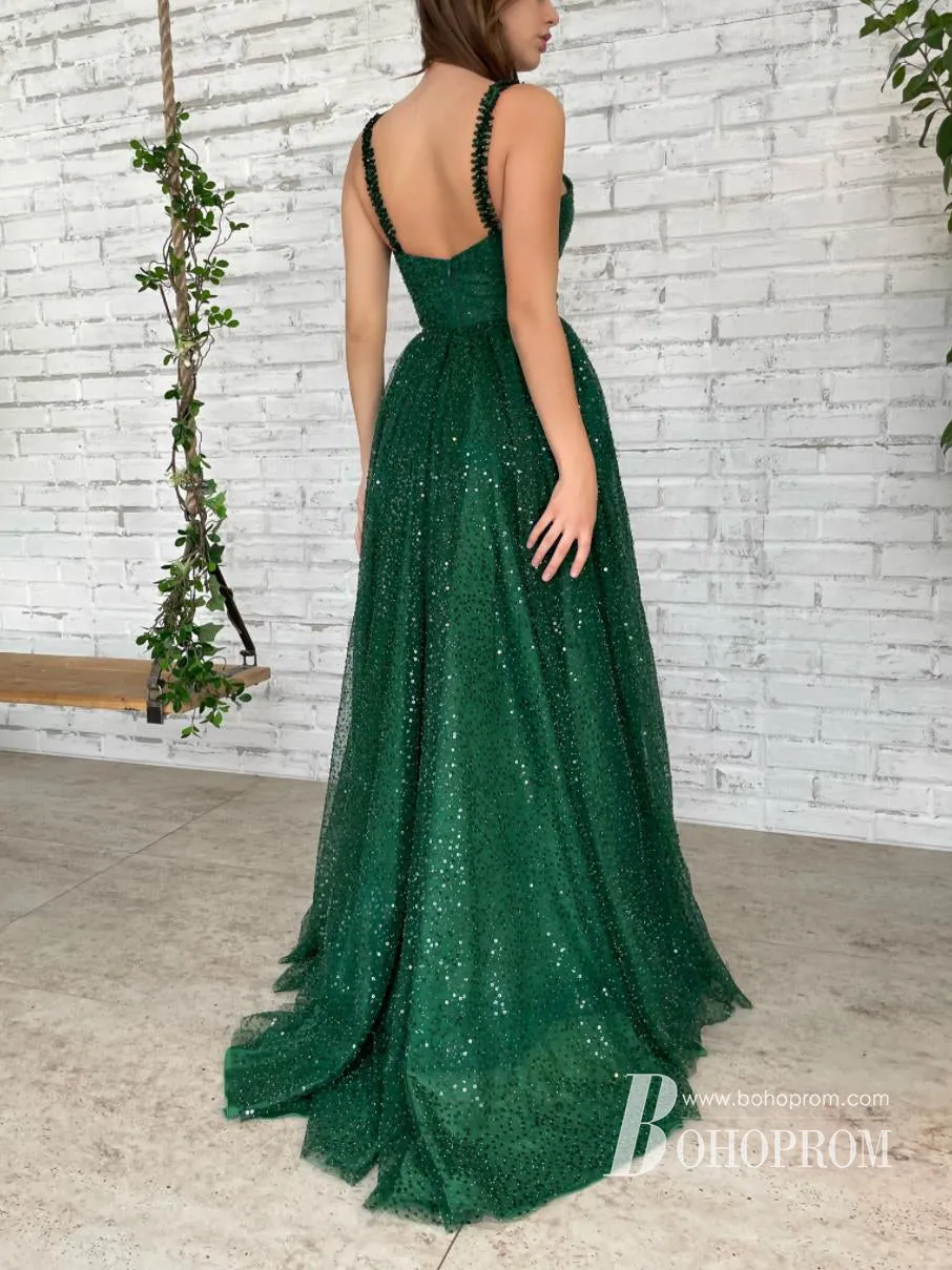 Shimmering Beaded Sequin V-neck Spaghetti Straps Sweep Train A-line Prom Dresses PD675