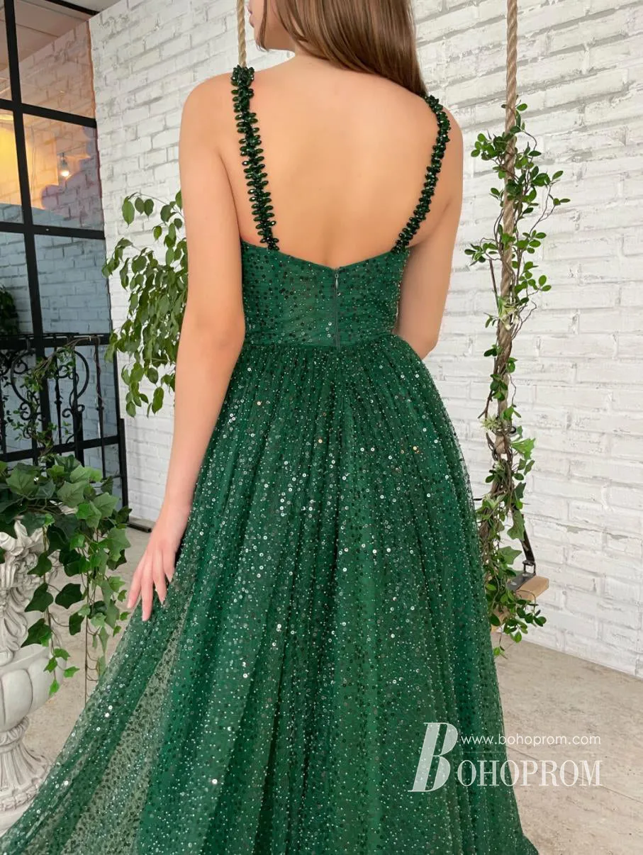 Shimmering Beaded Sequin V-neck Spaghetti Straps Sweep Train A-line Prom Dresses PD675