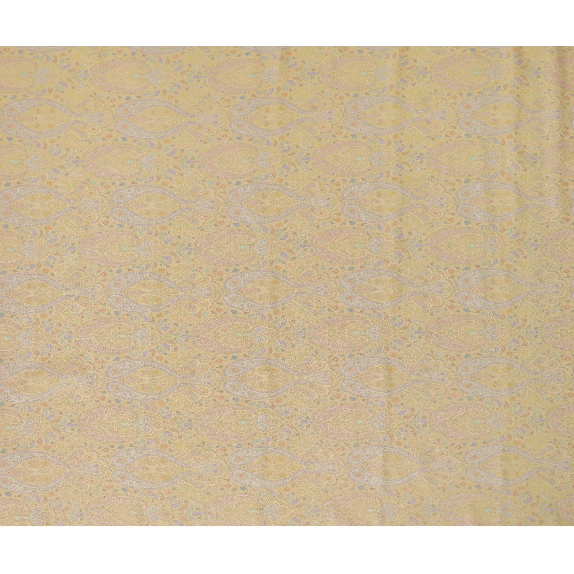 Silk Brocade Fabric with Soft Yellow and Gold Paisley Design, 110 cm Width, Indian Origin-D19761
