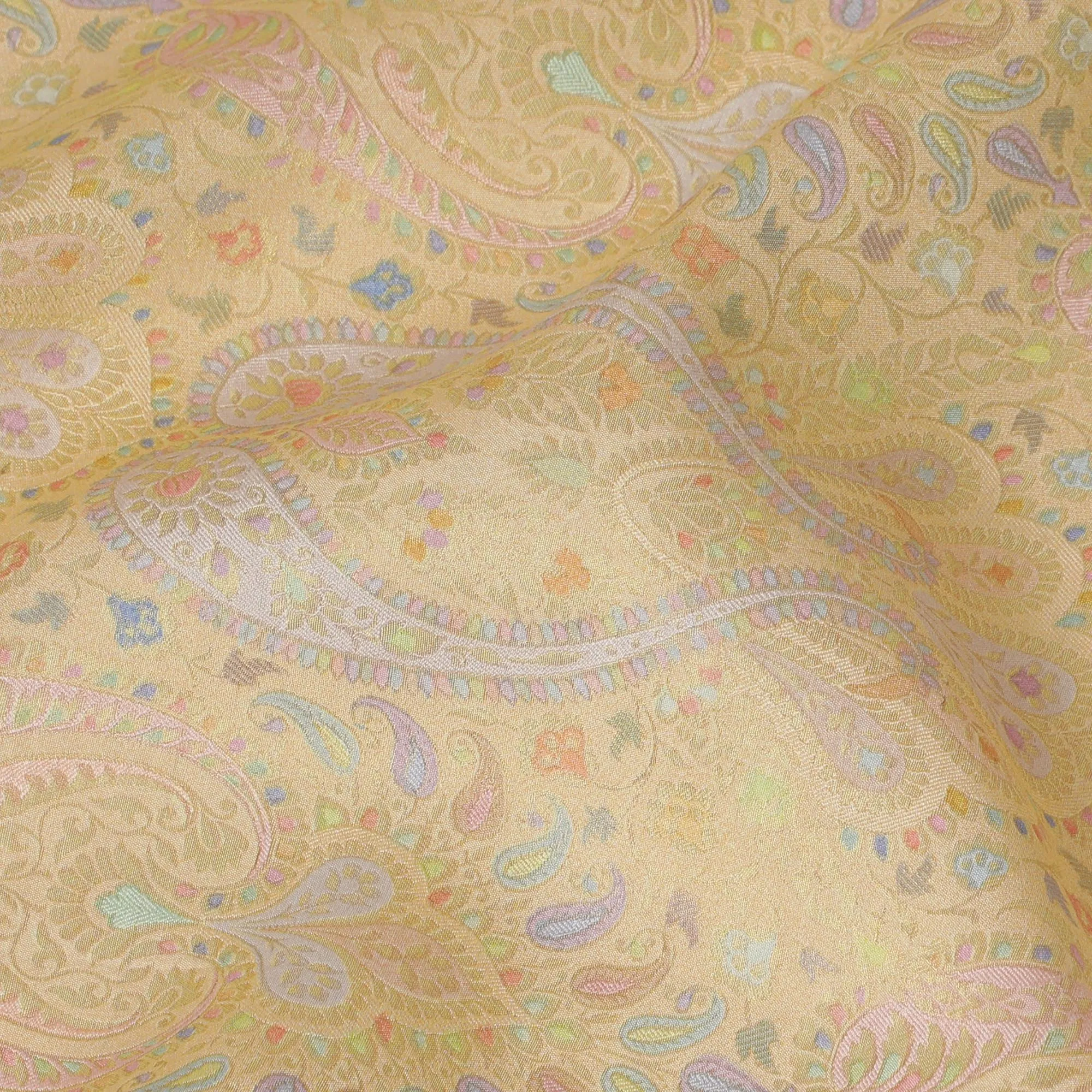 Silk Brocade Fabric with Soft Yellow and Gold Paisley Design, 110 cm Width, Indian Origin-D19761