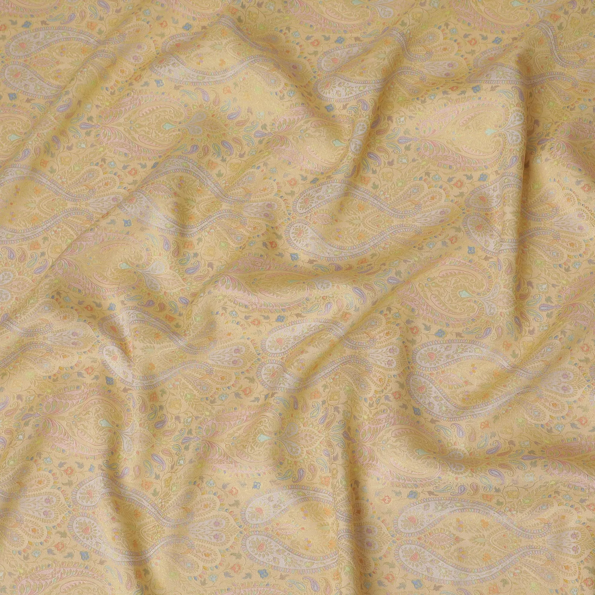 Silk Brocade Fabric with Soft Yellow and Gold Paisley Design, 110 cm Width, Indian Origin-D19761
