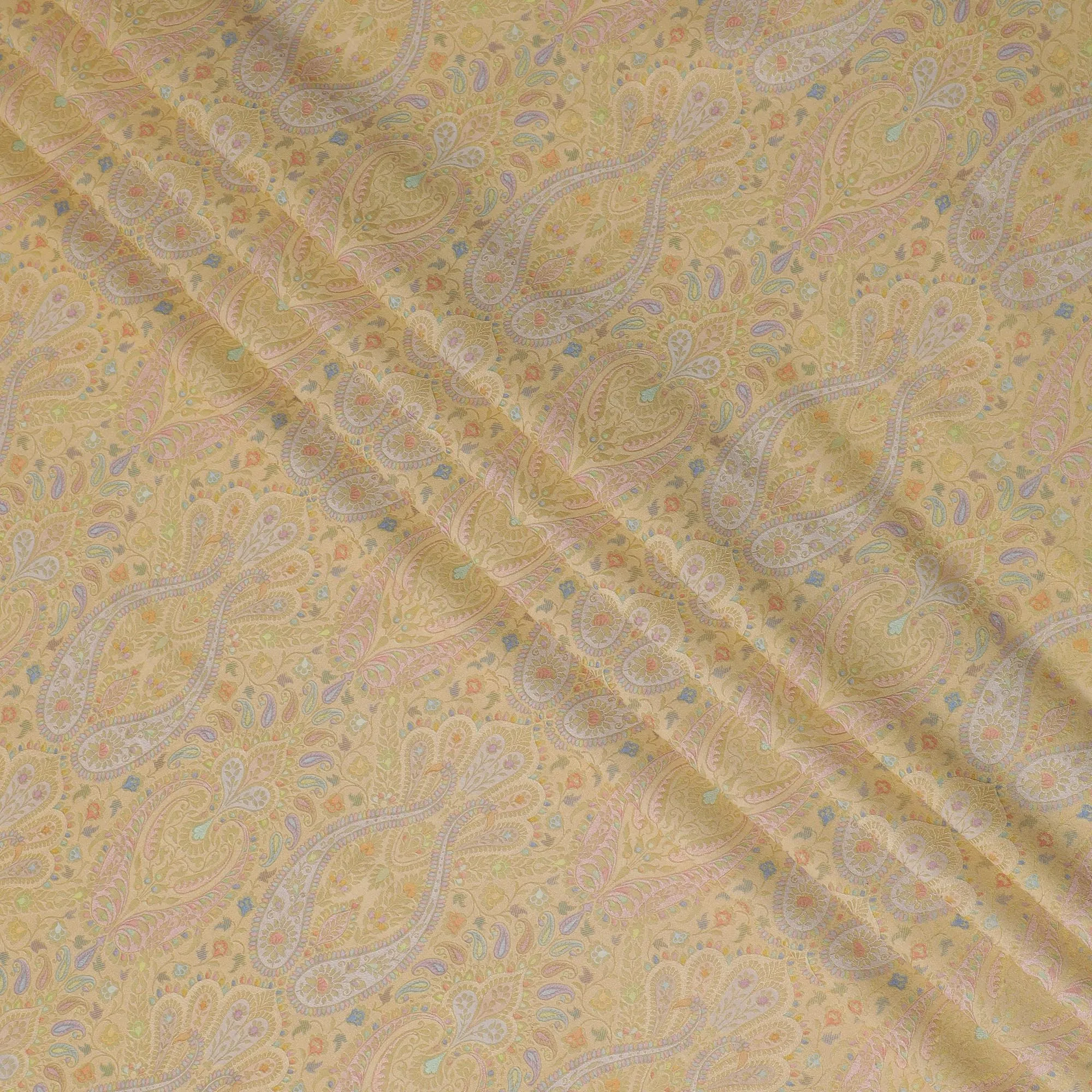 Silk Brocade Fabric with Soft Yellow and Gold Paisley Design, 110 cm Width, Indian Origin-D19761