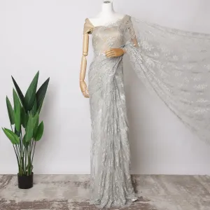 Silver Metallic French Chantilly Lace Fabric – 5.5 Meters, Floral Design, 110 cm Width-D21080