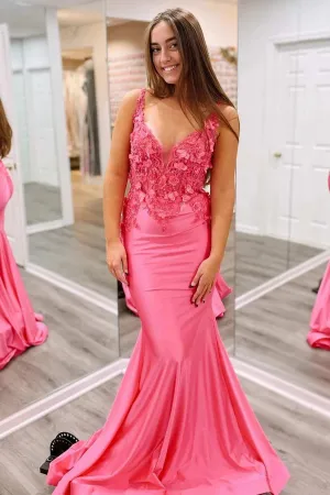 Solsticia | Fuchsia Mermaid V Neck Satin Long Prom Dresses With Appliques