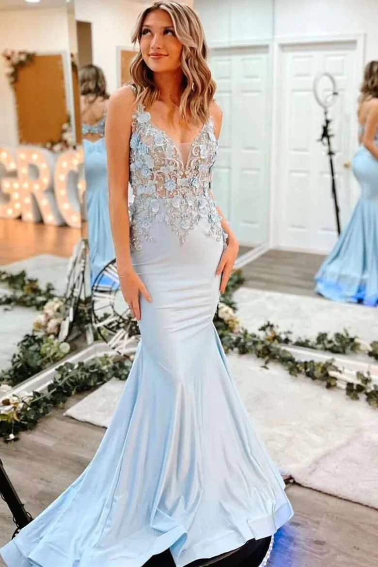 Solsticia | Fuchsia Mermaid V Neck Satin Long Prom Dresses With Appliques