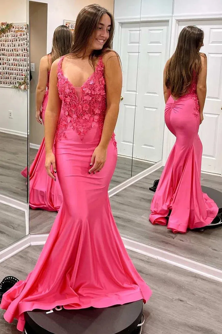 Solsticia | Fuchsia Mermaid V Neck Satin Long Prom Dresses With Appliques