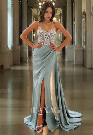 Spaghetti Straps Beaded Sleek Satin Sweep Train Party Prom Formal Evening Dress with High Slit