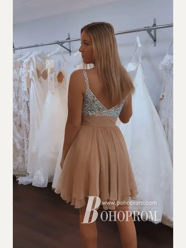 Sparkly Chiffon Spaghetti Straps Beaded Short A-line Homecoming Dresses HD474