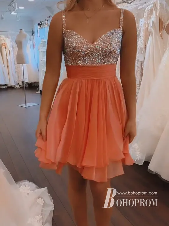 Sparkly Chiffon Spaghetti Straps Beaded Short A-line Homecoming Dresses HD474