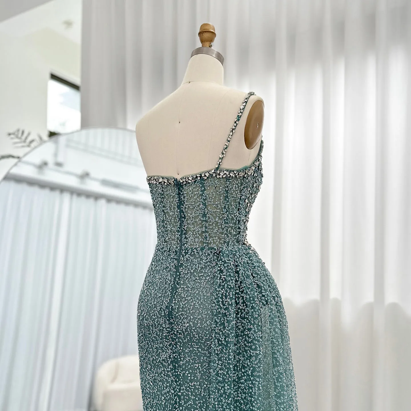 Sparkly Crystal Turquoise One Shoulder Evening Dress SS131