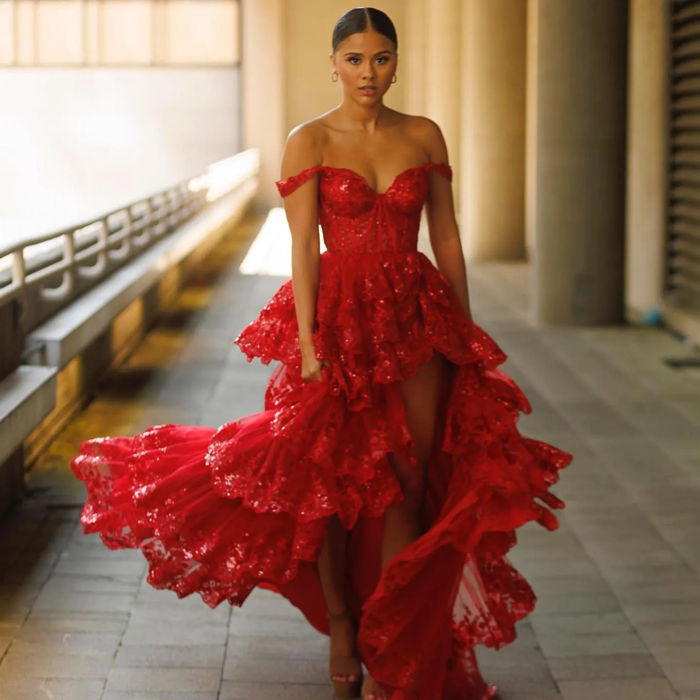 Stylish Black Ruffles Off shoulder Prom Dress with High Slit SF150