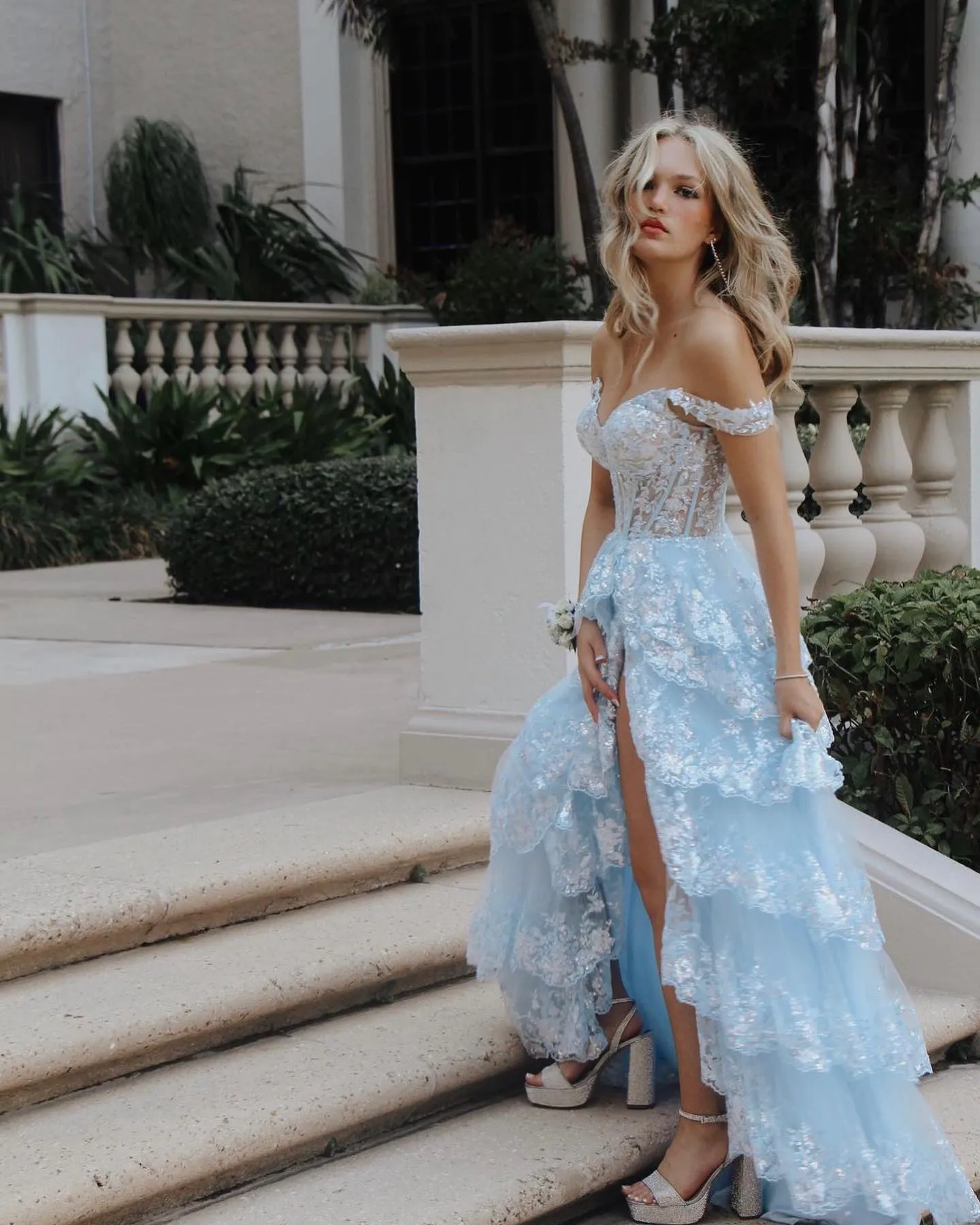 Stylish Black Ruffles Off shoulder Prom Dress with High Slit SF150