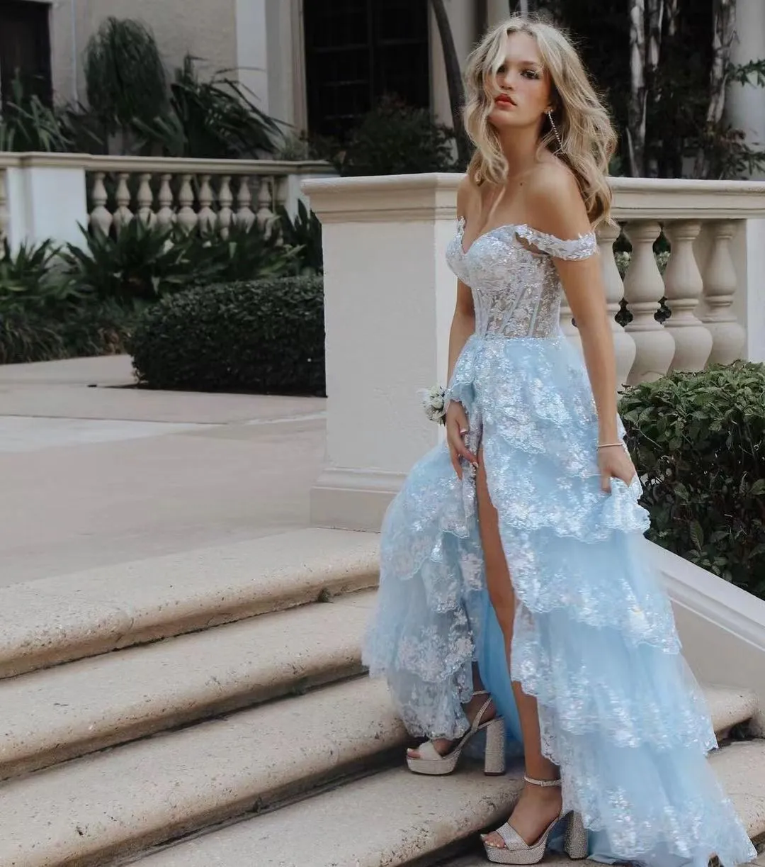 Stylish Black Ruffles Off shoulder Prom Dress with High Slit SF150