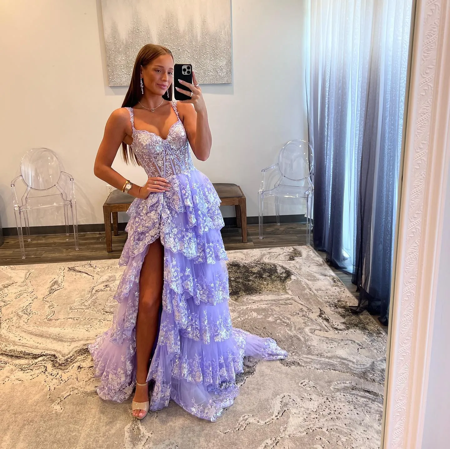 Stylish Black Ruffles Off shoulder Prom Dress with High Slit SF150