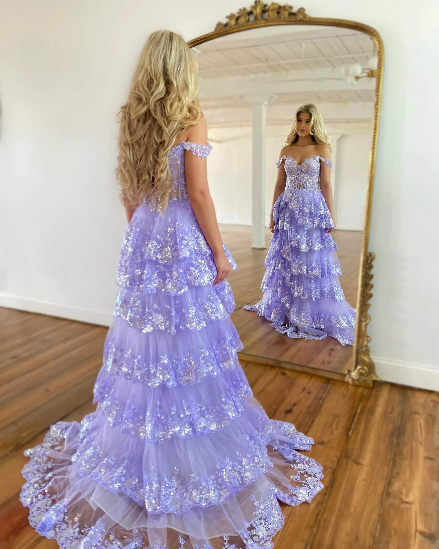 Stylish Black Ruffles Off shoulder Prom Dress with High Slit SF150