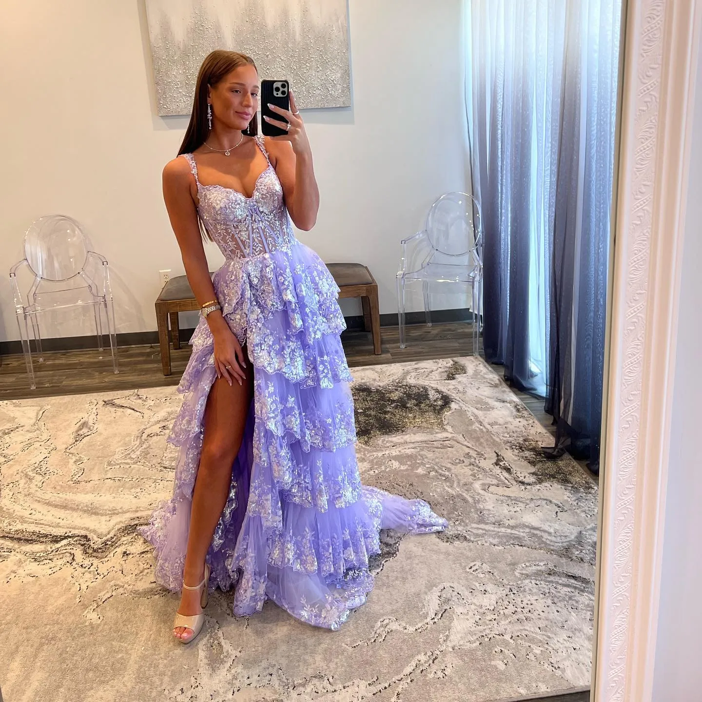 Stylish Black Ruffles Off shoulder Prom Dress with High Slit SF150