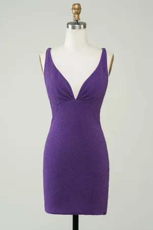 Stylish Deep V Neck Purple Short Homecoming Dress with Criss Cross Back