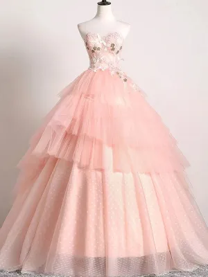 Sweetheart Neck Backless Pink Lace Appliques Prom Dresses, Lace Pink Formal Dresses, Pink Evening Dresses, Ball