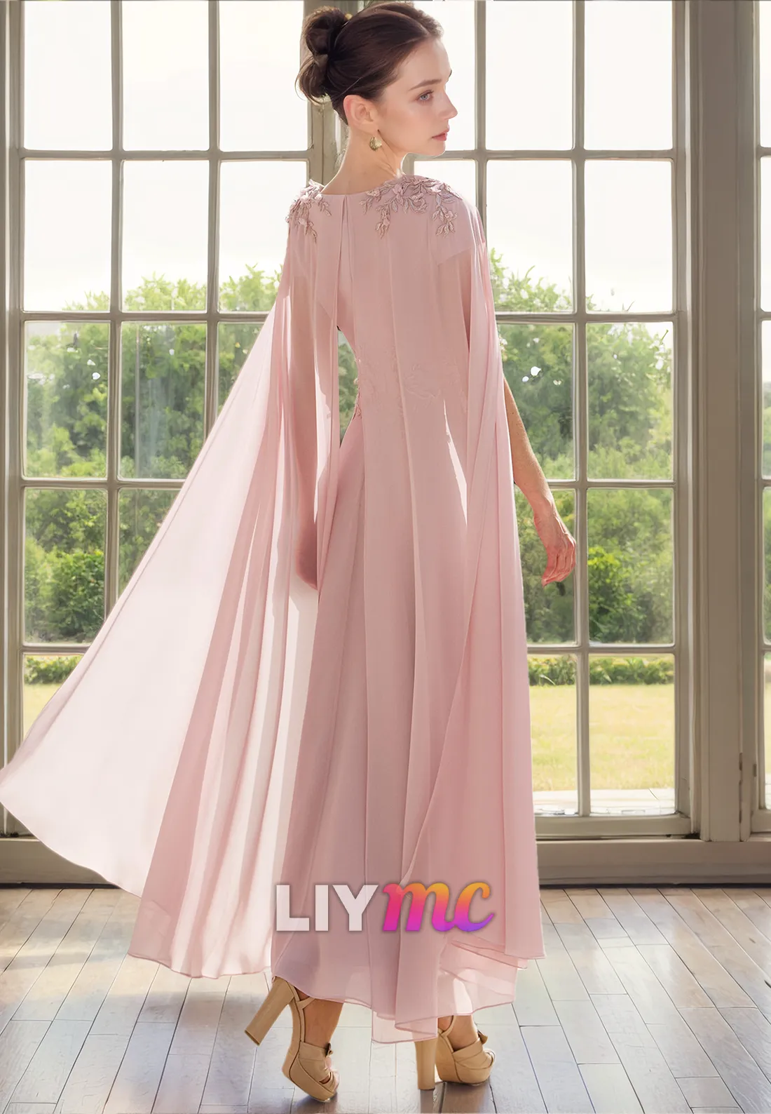 V-Neck Cap Sleeves Appliques Chiffon A-Line Mother of Bride Dress Cocktail Dress