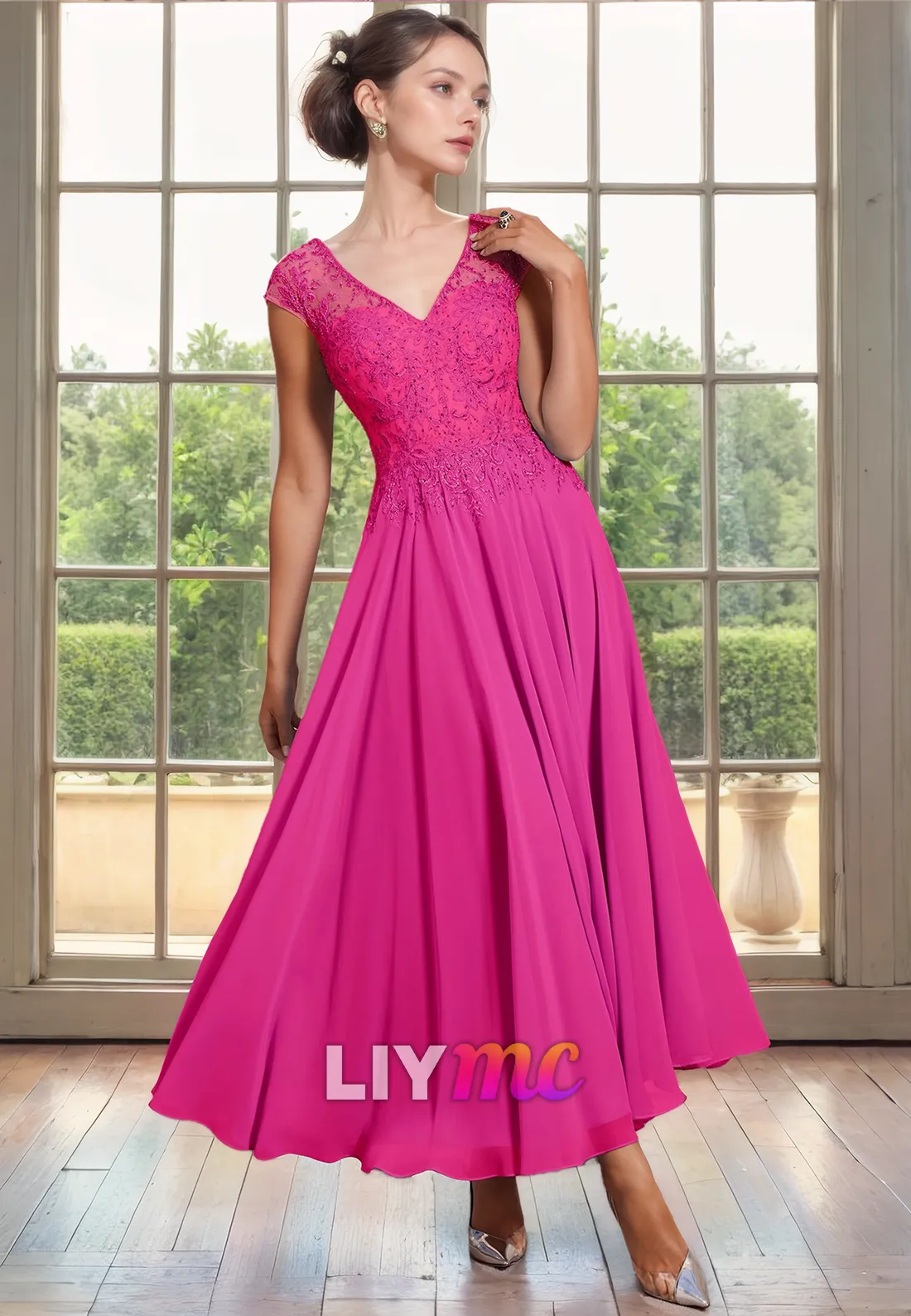 V-Neck Cap Sleeves Appliques Pleated A-Line Chiffon Mother of Bride Dress Cocktail Dress