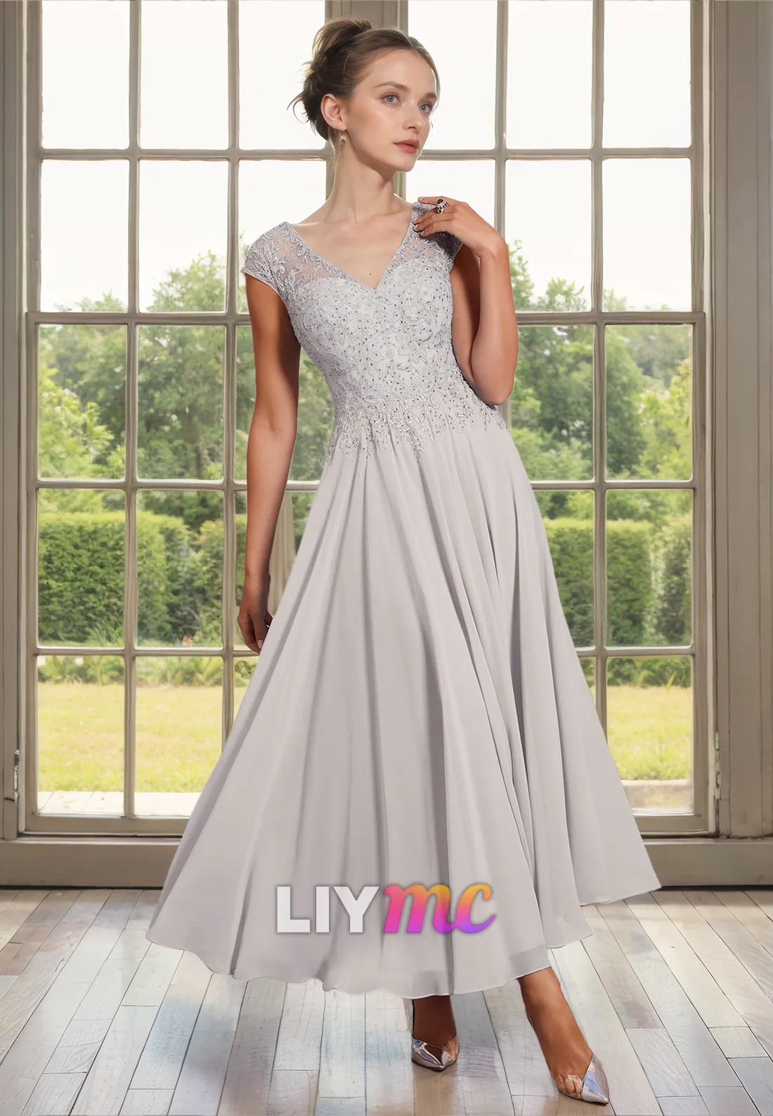 V-Neck Cap Sleeves Appliques Pleated A-Line Chiffon Mother of Bride Dress Cocktail Dress