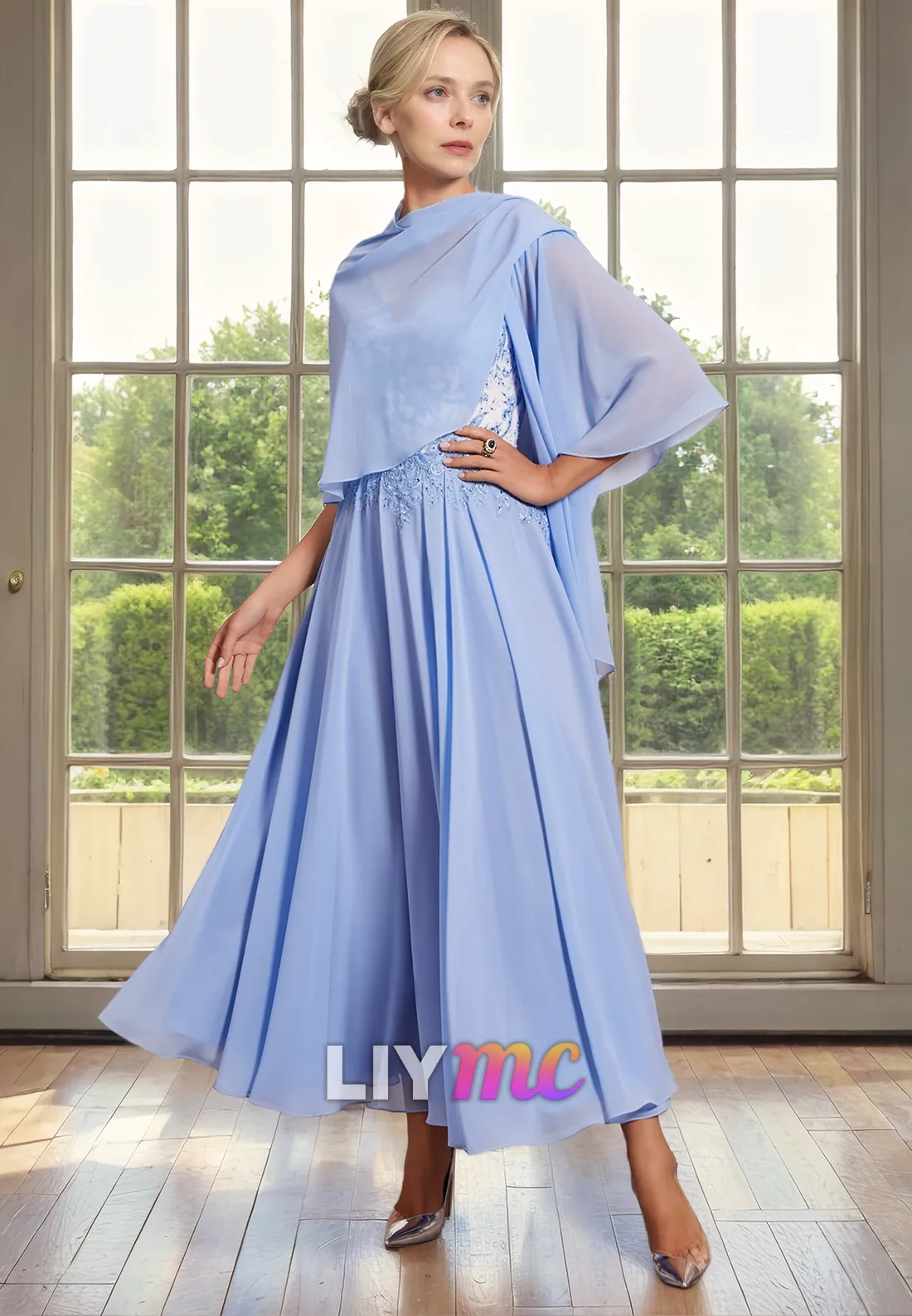 V-Neck Cap Sleeves Appliques Pleated A-Line Chiffon Mother of Bride Dress Cocktail Dress