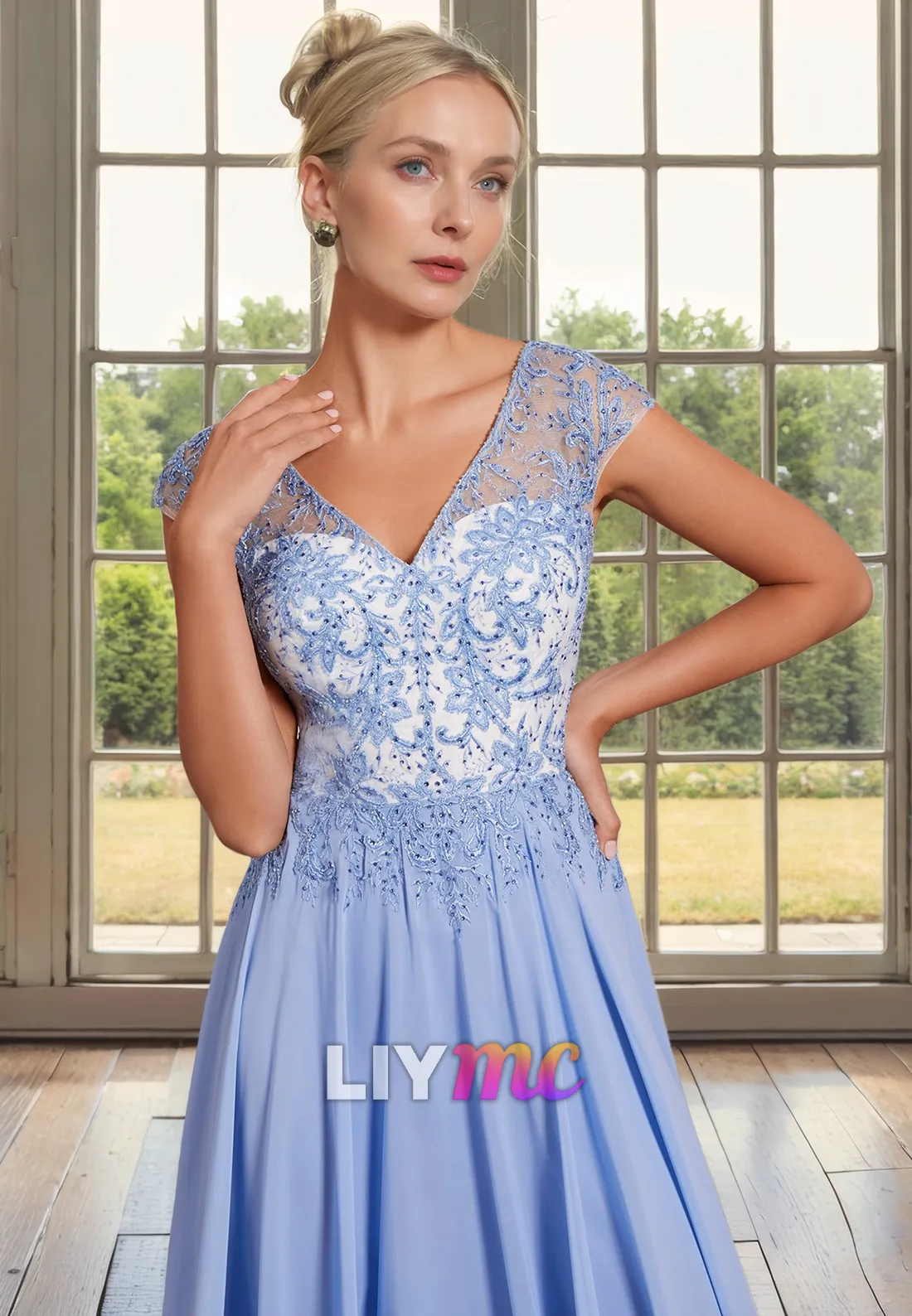 V-Neck Cap Sleeves Appliques Pleated A-Line Chiffon Mother of Bride Dress Cocktail Dress