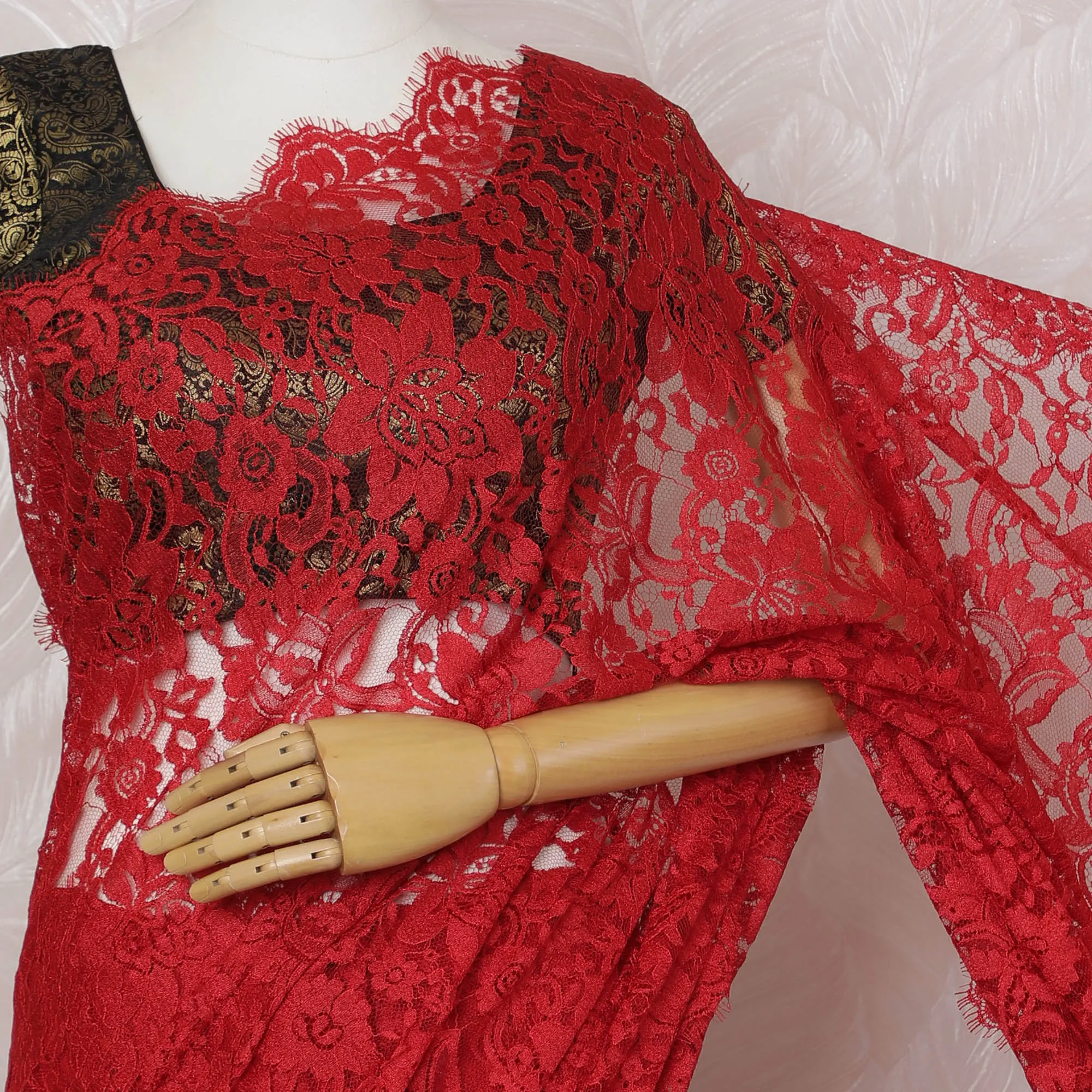 Vibrant Red Chantilly Lace Fabric by the Yard - Premium French Design, 110 cm Width, 5.5 Meters-D20190