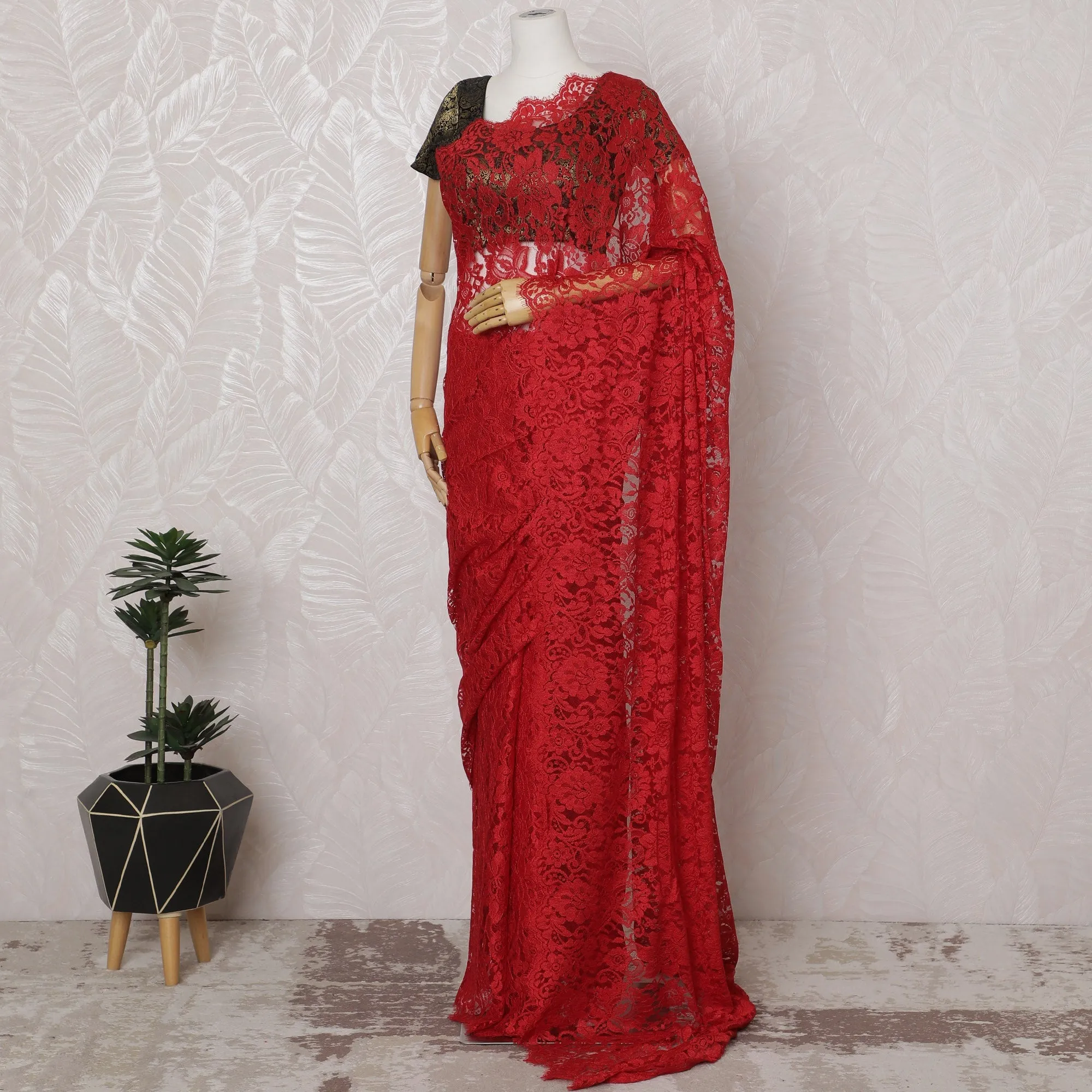 Vibrant Red Chantilly Lace Fabric by the Yard - Premium French Design, 110 cm Width, 5.5 Meters-D20190