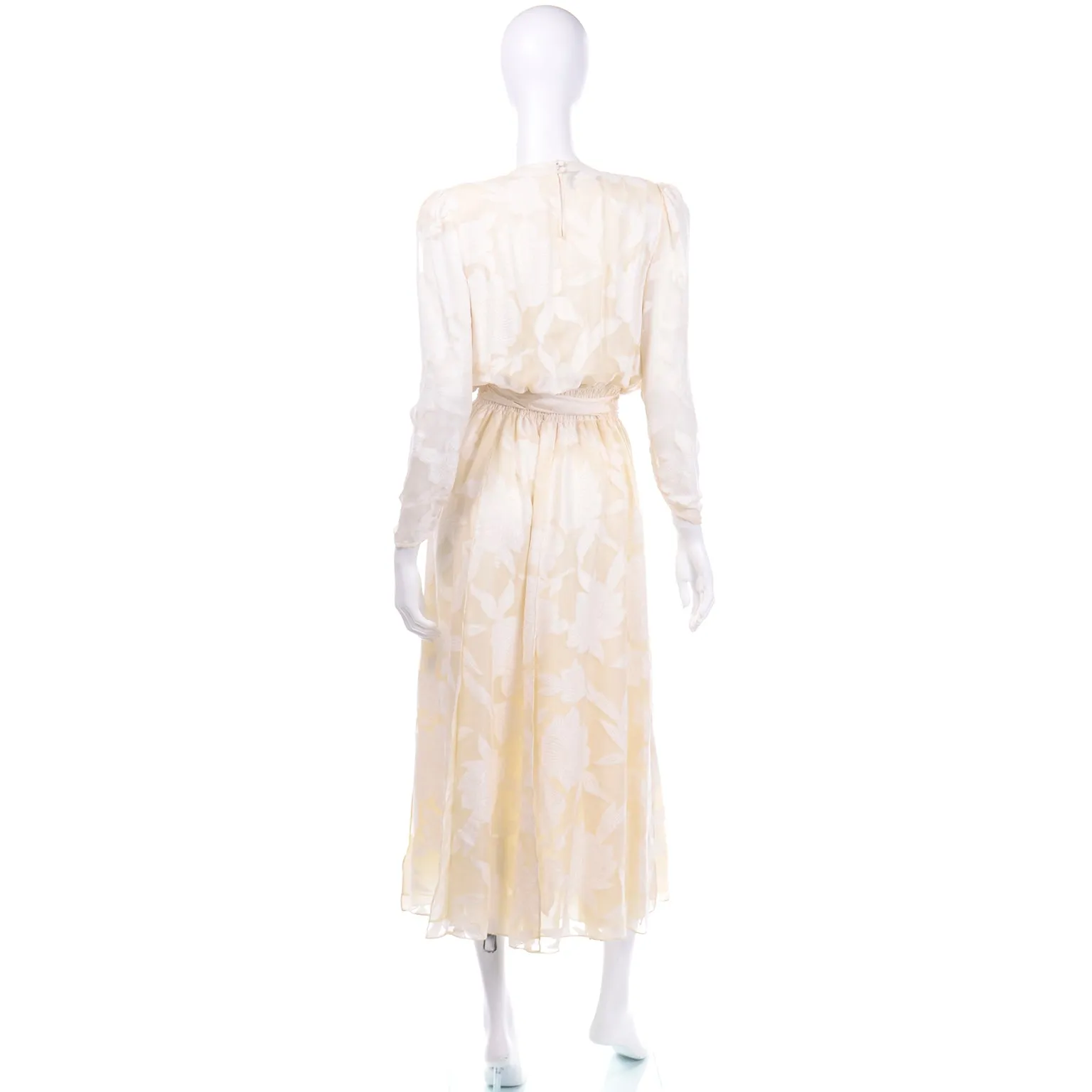 Vintage Diane Fries Creamy Ivory Silk Beaded Dress W Scarf or Sash