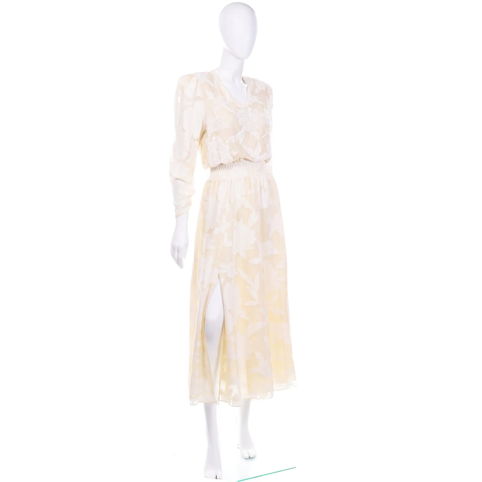 Vintage Diane Fries Creamy Ivory Silk Beaded Dress W Scarf or Sash