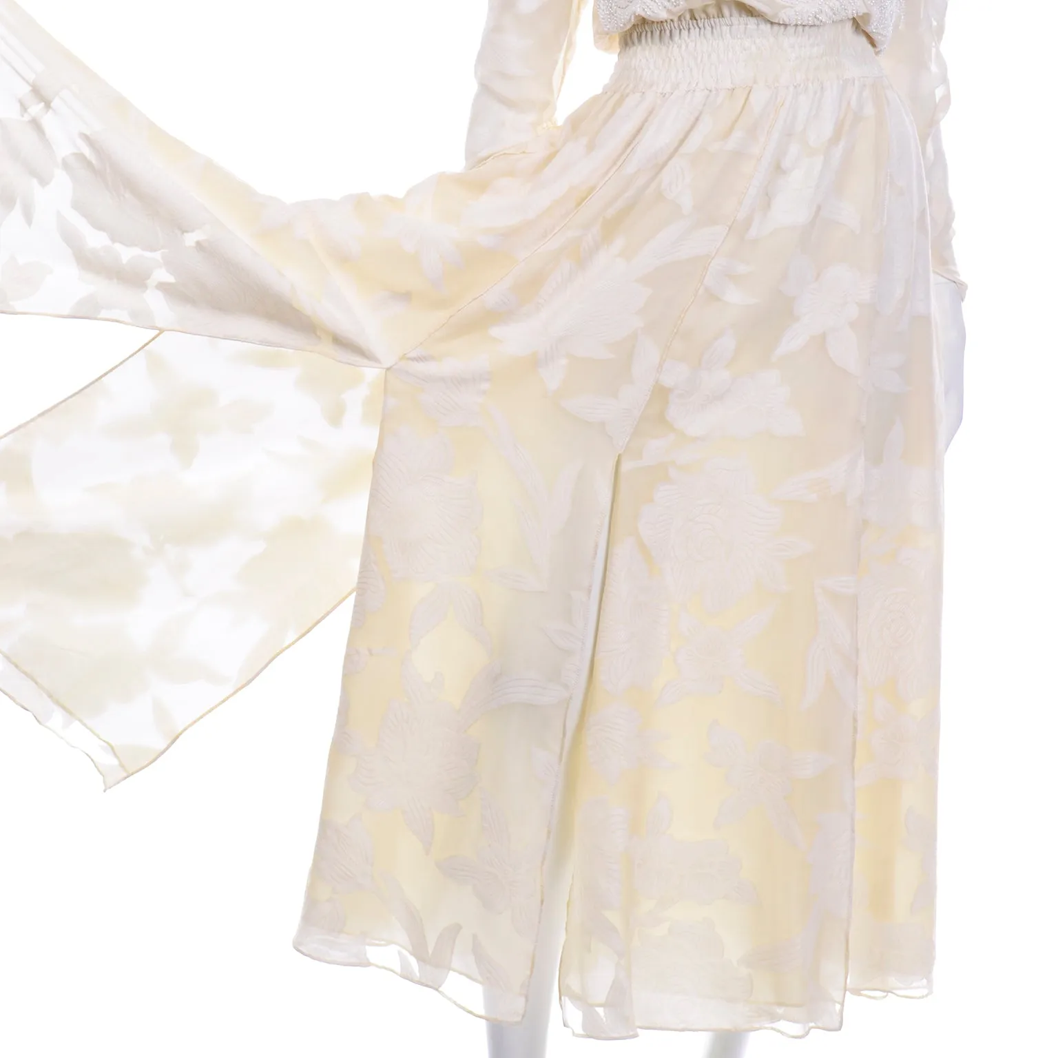 Vintage Diane Fries Creamy Ivory Silk Beaded Dress W Scarf or Sash