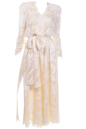 Vintage Diane Fries Creamy Ivory Silk Beaded Dress W Scarf or Sash