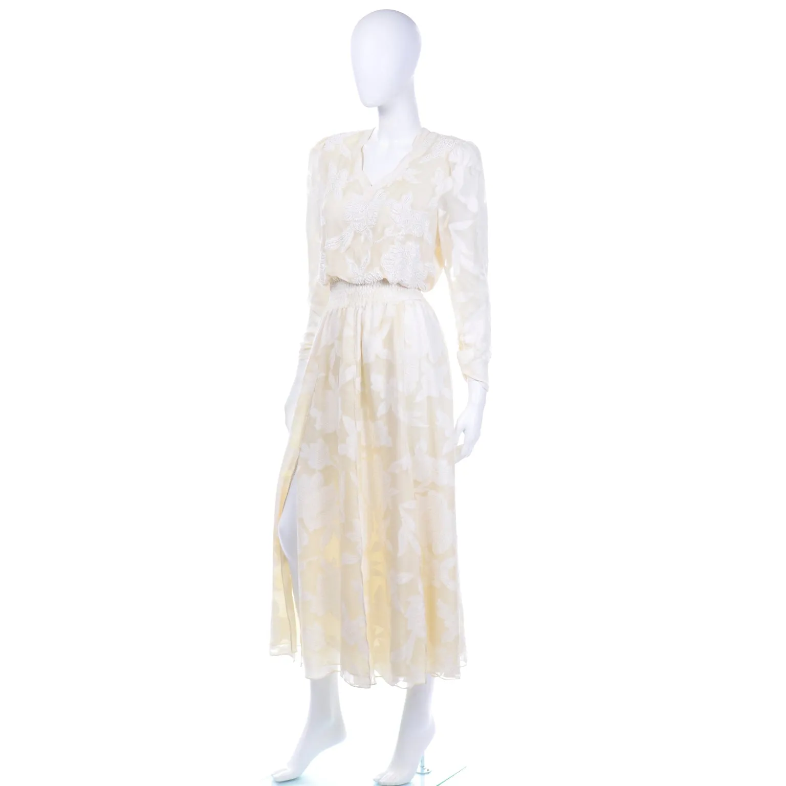 Vintage Diane Fries Creamy Ivory Silk Beaded Dress W Scarf or Sash