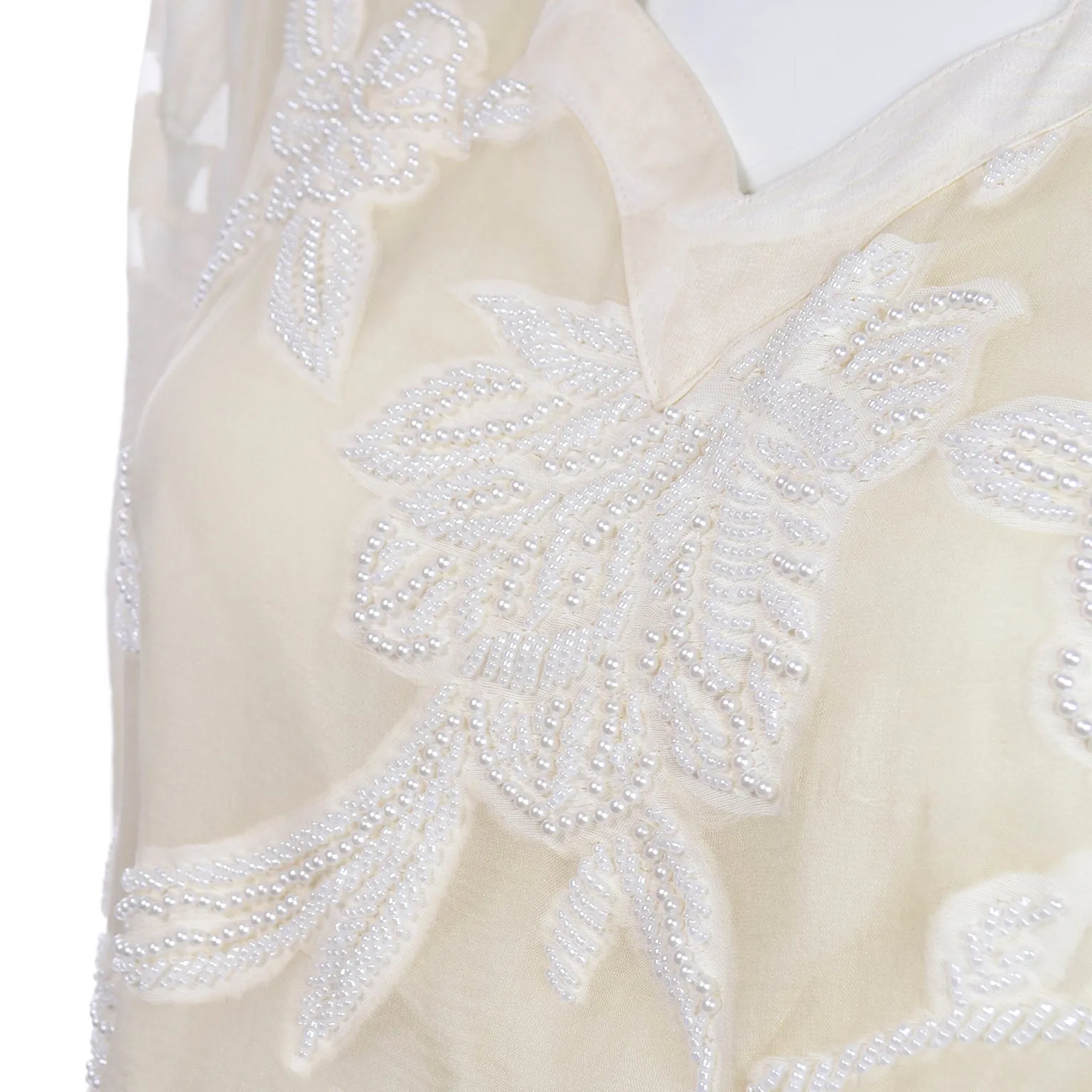 Vintage Diane Fries Creamy Ivory Silk Beaded Dress W Scarf or Sash