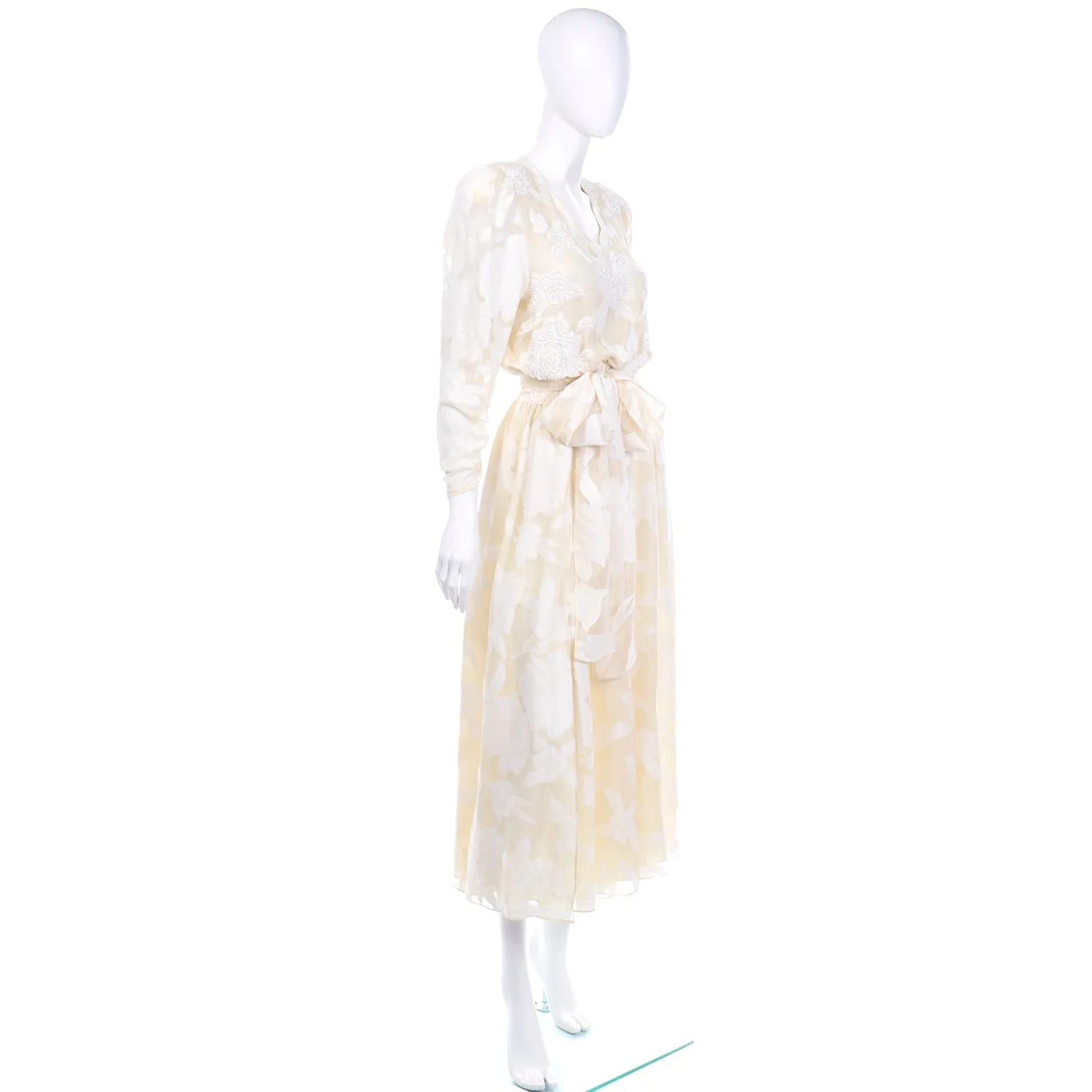 Vintage Diane Fries Creamy Ivory Silk Beaded Dress W Scarf or Sash
