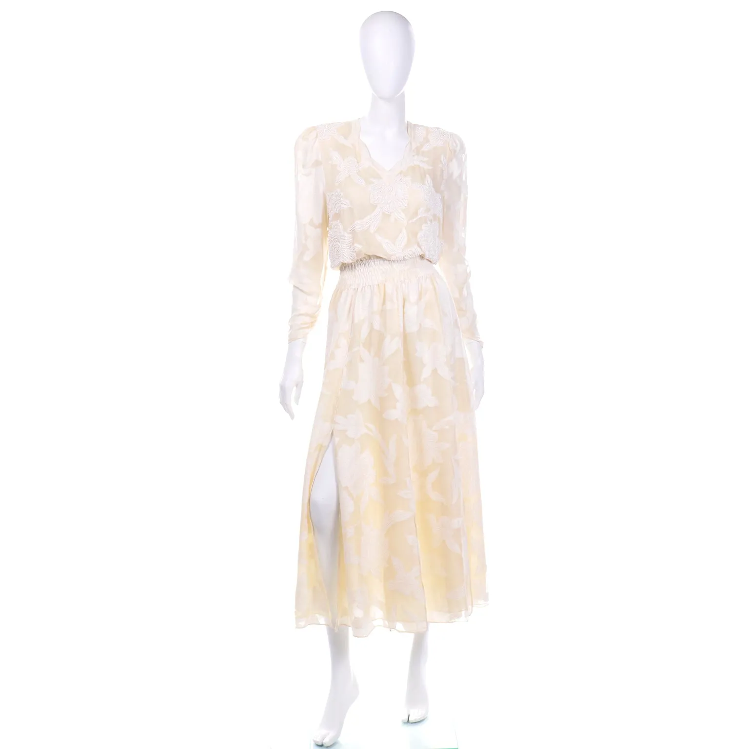 Vintage Diane Fries Creamy Ivory Silk Beaded Dress W Scarf or Sash