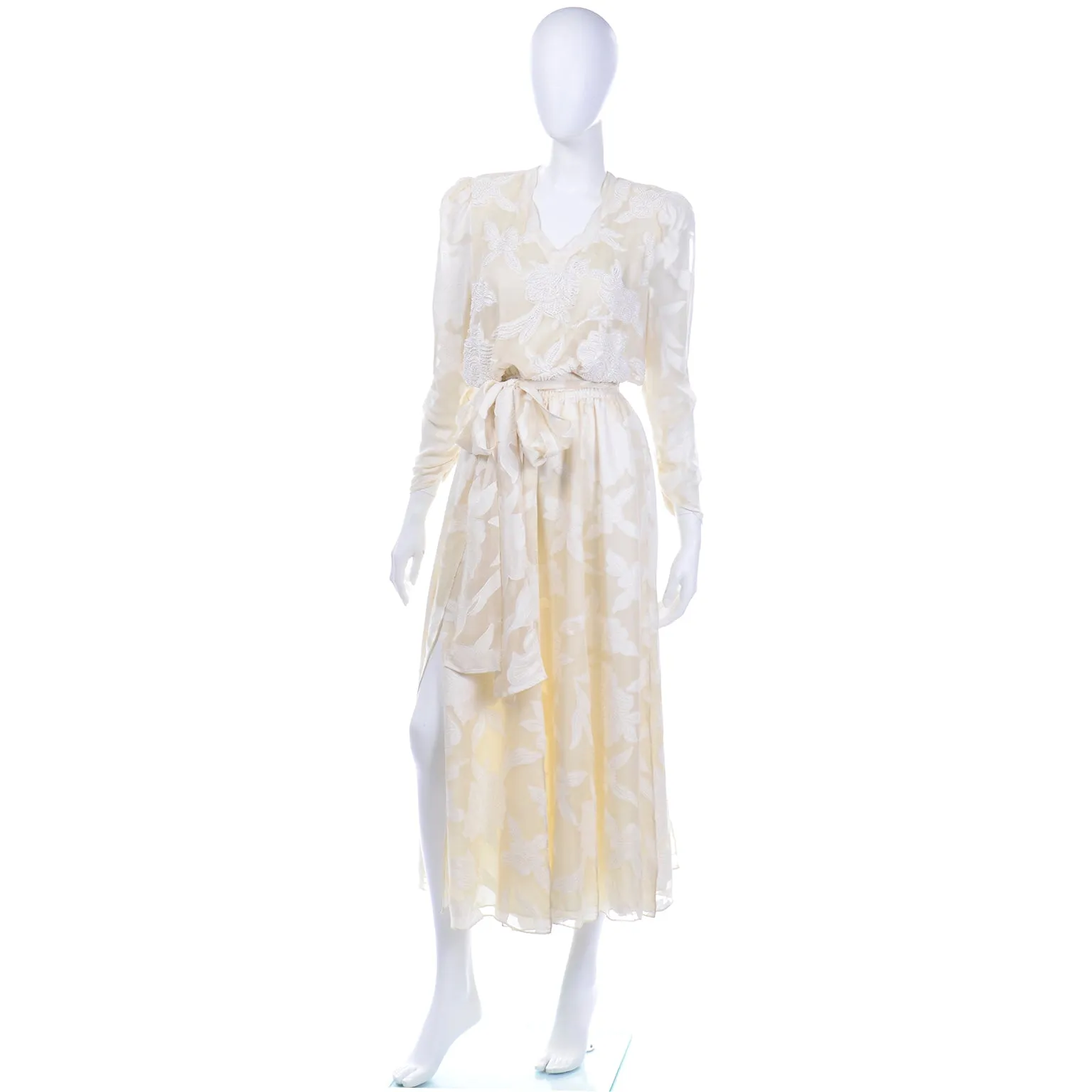 Vintage Diane Fries Creamy Ivory Silk Beaded Dress W Scarf or Sash