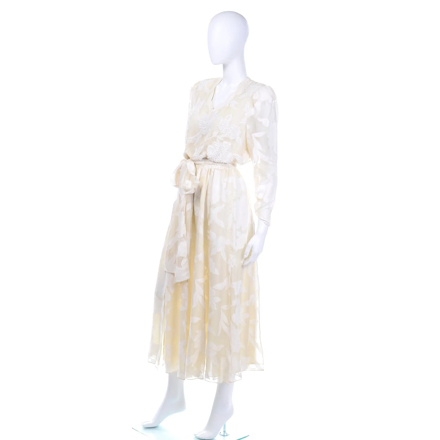 Vintage Diane Fries Creamy Ivory Silk Beaded Dress W Scarf or Sash