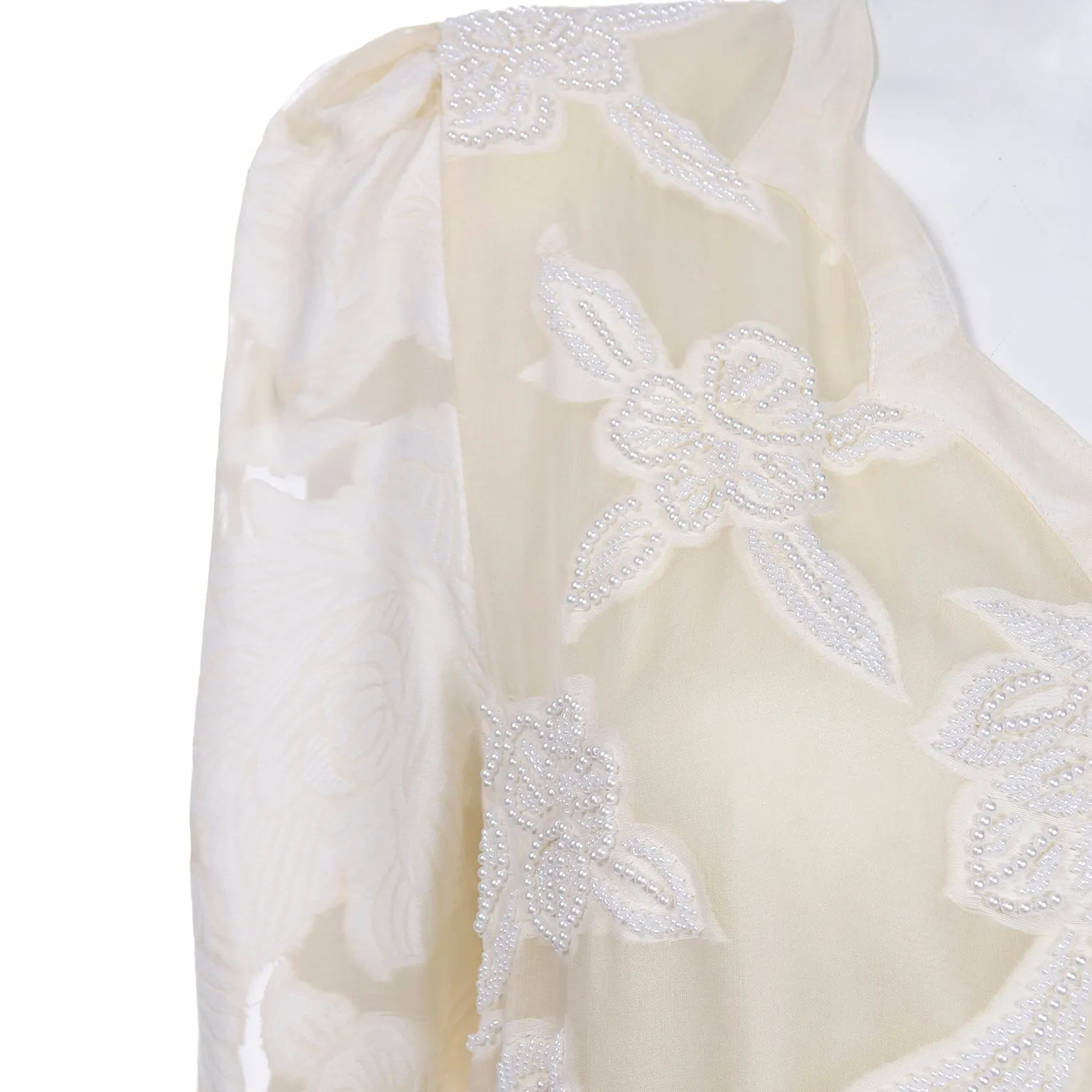 Vintage Diane Fries Creamy Ivory Silk Beaded Dress W Scarf or Sash