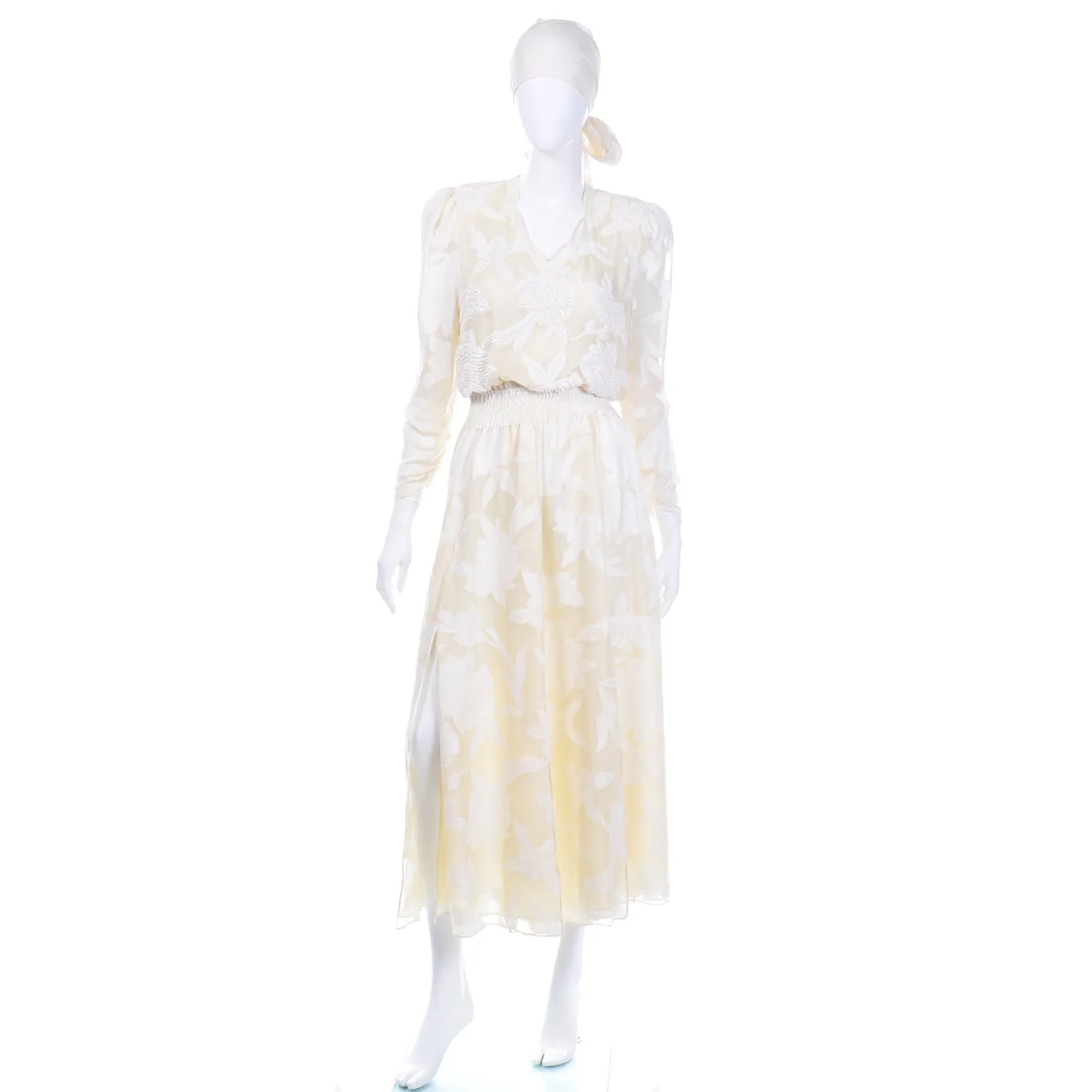 Vintage Diane Fries Creamy Ivory Silk Beaded Dress W Scarf or Sash