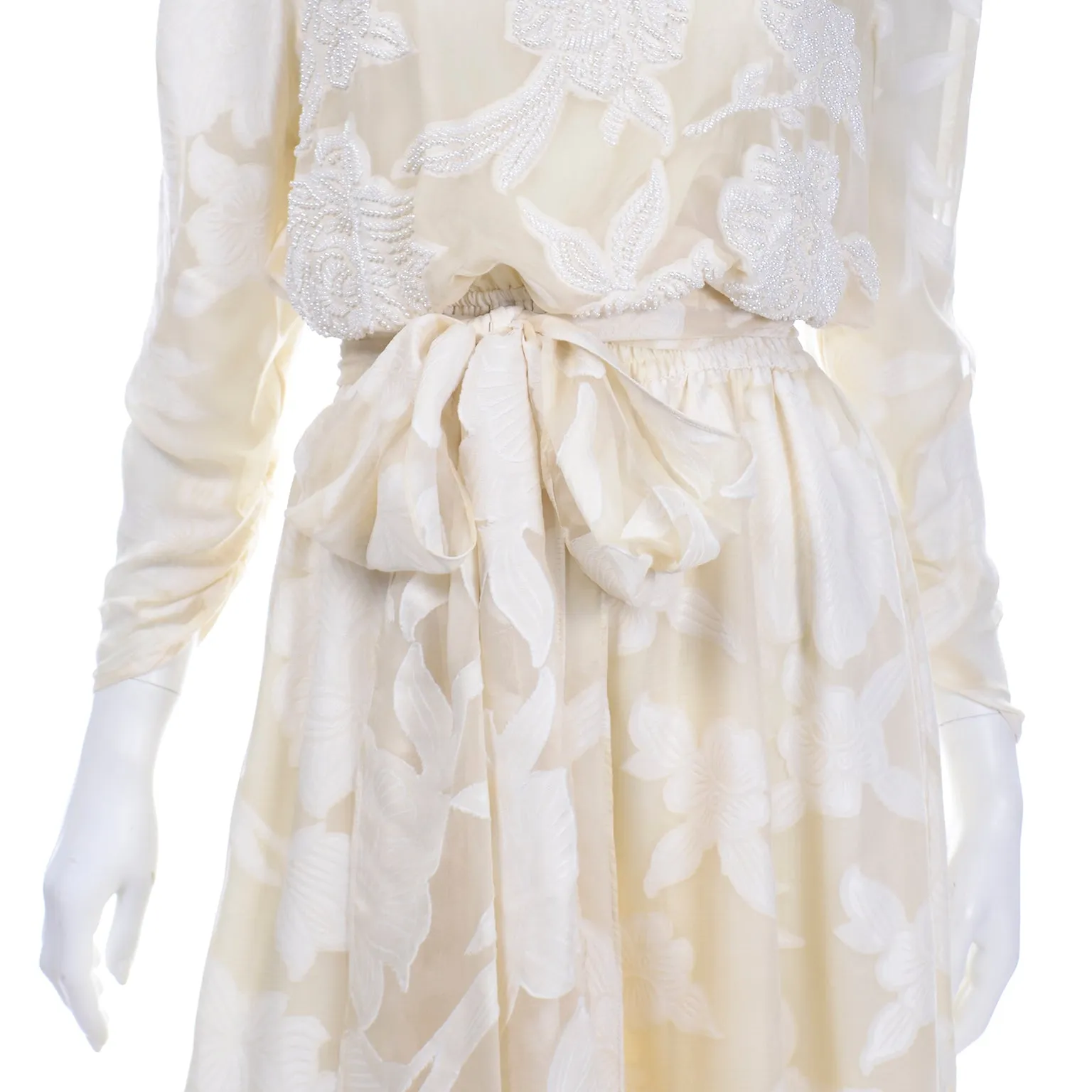 Vintage Diane Fries Creamy Ivory Silk Beaded Dress W Scarf or Sash