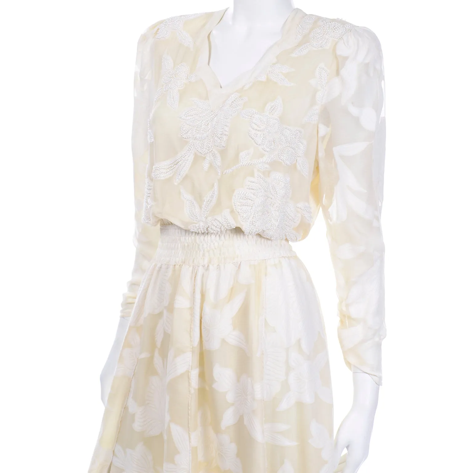 Vintage Diane Fries Creamy Ivory Silk Beaded Dress W Scarf or Sash