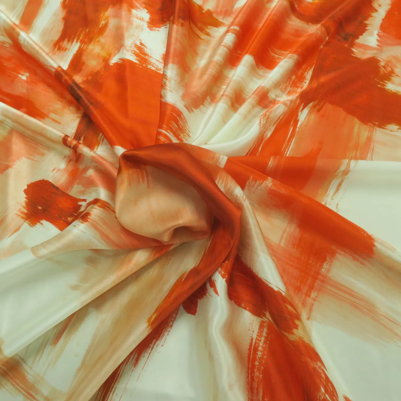 White and Orange Brushes Painted Printed Silk Charmeuse Fabric
