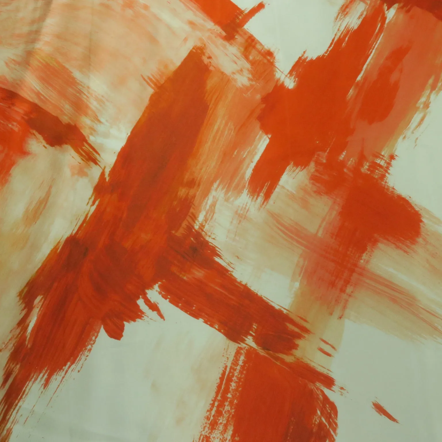 White and Orange Brushes Painted Printed Silk Charmeuse Fabric