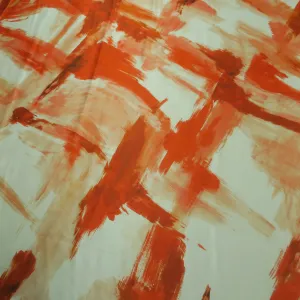 White and Orange Brushes Painted Printed Silk Charmeuse Fabric