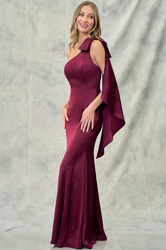 Wine One Shoulder Bow Detail Satin Maxi Dress