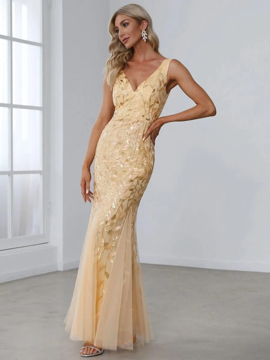 Women's Double V-Neck Fishtail Sequin Evening Dress