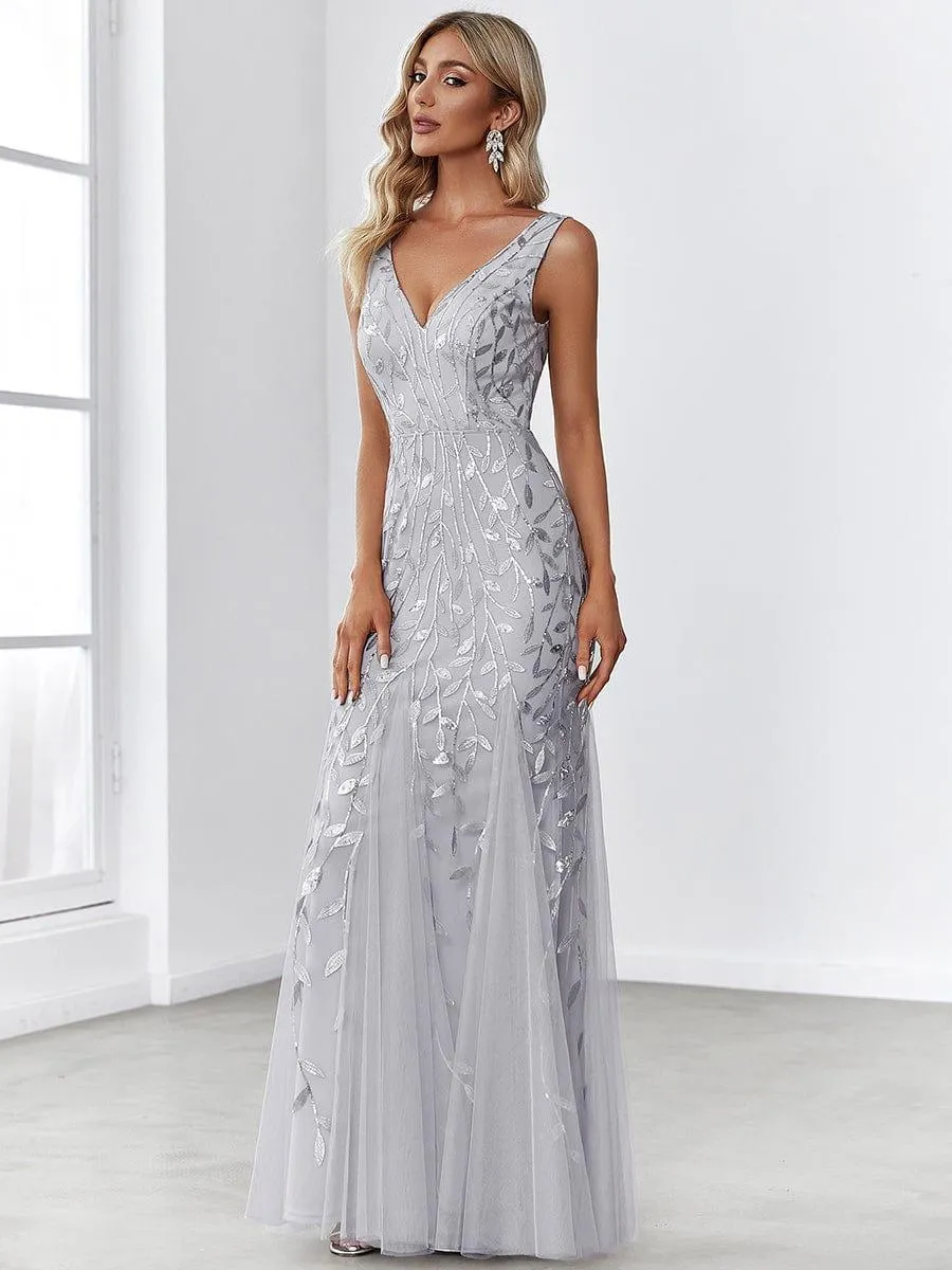 Women's Double V-Neck Fishtail Sequin Evening Dress