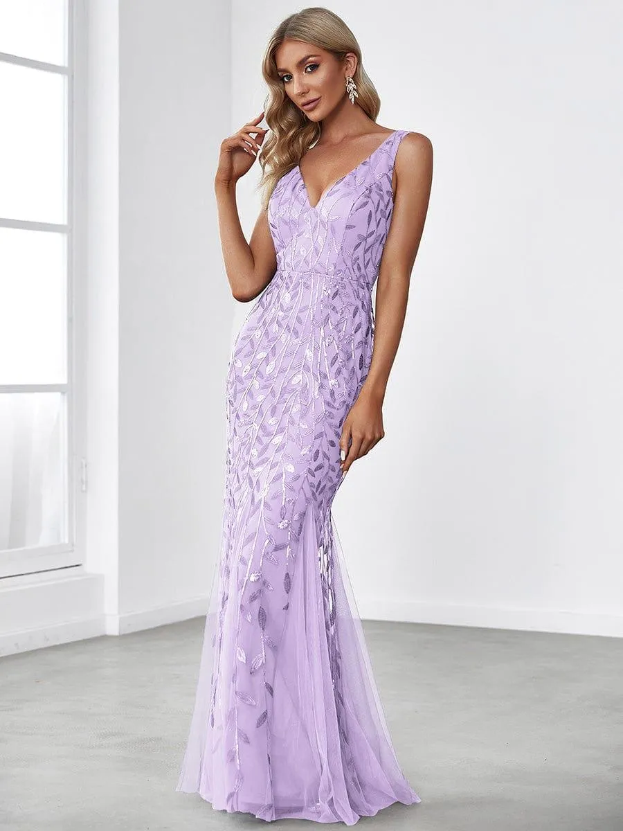Women's Double V-Neck Fishtail Sequin Evening Dress